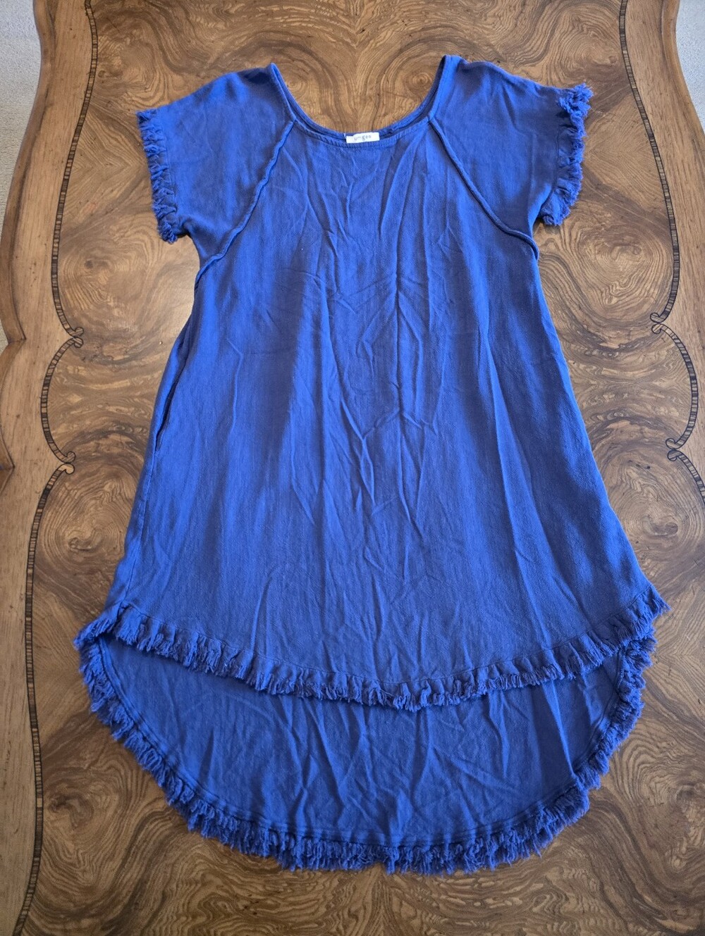 Umgee Women's Blue Linen Blend High-Low Shift Dress Fringe Hem Size Small